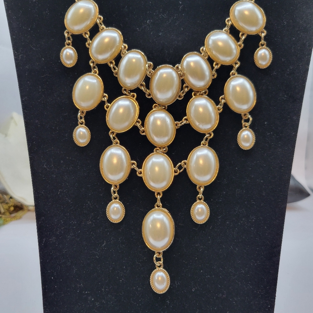 Faux Pearl Cabachon Gold Tone Bib Statement Waterfall Necklace